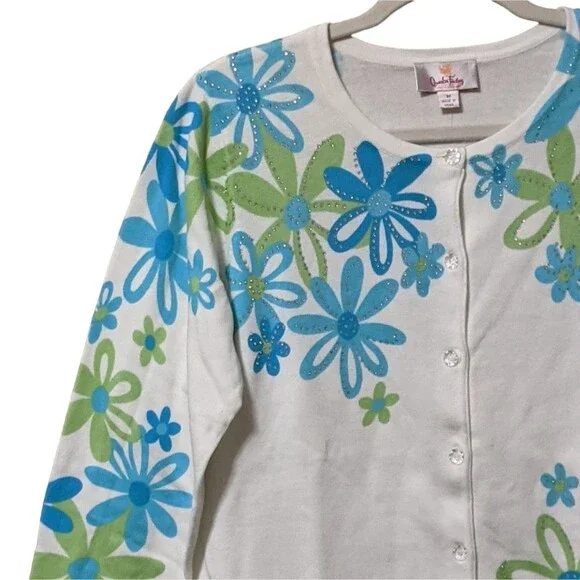 NWT Quacker Factory whimsical floral print rhinestone cotton cardigan size Med - Picture 6 of 8